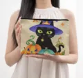 Canvas cosmetische tas met schattige Halloween zwarte kat en leuke pompoen print reizen. - Zwart en Rood (02)