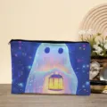 Canvas cosmetic bag featuring a cute glowing ghost illustration, large capacity travel makeup pouch. - Style 05