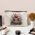 Canvas teacher makeup bag with cute book apple print, portable zipper pouch for gifts - Teaching Heartwork Style (05)