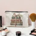 Canvas makeup bag with vintage book and bow print, portable cosmetic storage pouch for women. - Vintage Books Bow Theme (04)