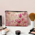 Trousse de maquillage en toile avec imprimé tulipes roses et papillons, pochette zippée voyage. - Tulipe & Papillon (05)