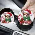 Christmas Chihuahua Car Cup Coaster Cute Puppy Holiday Auto Interior Anti-Slip Mat 2Pcs - Christmas Chihuahua / Brown