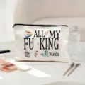 Canvas cosmetische tas met rits en tekstprint, handige make-up opbergtas voor dagelijks gebruik. - Grappige Pillen Stijl / 04