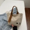 Casual Cute Canvas Tote Bag Embroidered Handbag For Student Commuter Lunch Bento Bag - Off White