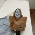 Canvas tote bag for women, cute embroidered lunch bag, casual student handbag, brown. - Khaki