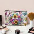 Bolsa de maquillaje de lona con estampado floral y mariposa, gran bolsa con cremallera. - Girasol MAMA