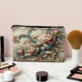 Detailopname van canvas cosmetisch tasje met vintage bloemenpatroon op marmeren tafel. - Retro Bloemen