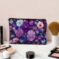Canvas zipper makeup pouch with purple floral butterfly print, ideal for stationery or coin storage. - Purple Floral Butterfly