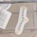 Sheer translucent crew socks with cute heart pattern and ruffle trim for women summer. - Vertical Stripe Heart