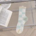 Sheer checkered mid-tube socks with hearts and lace trim, breathable spring summer style. - Grid Heart