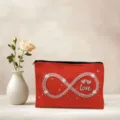 Red zipper cosmetic pouch featuring rhinestone infinity love print and storage bag - Heart & Infinity Style
