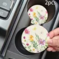 Round car cup coasters 2pcs set, non-slip silicone drink holder inserts for auto interior. - Watercolor Floral / 7cm