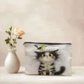 Cute fluffy cat canvas cosmetic bag, detailed illustration zip pouch, perfect daily makeup case. - Cat and Bird Illustration / 03