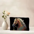 Detailed view of a black zipper storage pouch featuring an elegant ornate horse illustration. - 02 (Horse)