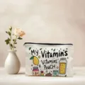Canvas cosmetisch etui met leuke vitaminedruk, grote make-uptas met ritssluiting voor dagelijks gebruik. - Mat Zwart (01)