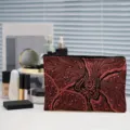 Portable canvas cosmetic bag with zipper closure and abstract plant pattern design detail. - Purple Embroidery (05)