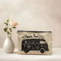 Canvas cosmetische tas met retro hippie camper print, draagbare make-up etui voor dagelijks gebruik. - Mat Zwart (01)