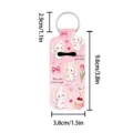 Pink neoprene lipstick holder keychain with cute angel bunny print and dimension specs. - Angel Animal
