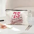 Canvas makeup bag with stylish letter print, versatile zipper pouch for daily cosmetic use. - 75th Anniversary (05)