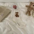 Cute white mid-calf socks for women with 3D teddy bear embroidery, soft and sweet winter style. - White with Bear / White