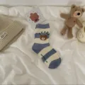 Cute blue striped mid-calf socks for women with lovely 3D bear patch and cozy cotton style. - Blue Striped Bear / Blue