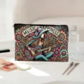 Stylish floral illustration zipper cosmetic bag canvas pencil case for daily makeup storage. - Music Girl (01)