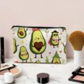 Cute cartoon avocado print cosmetic bag, canvas travel makeup pouch with zipper closure. - Cartoon Avocado Pattern / White