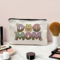 Canvas makeup bag zipper pouch cosmetic bag pencil case with cute dog mom print design for daily use. - Off-White (DOG MOM Print)