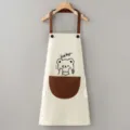 Waterproof kitchen apron with cute cartoon bear print, brown pockets, wipe hands towels. - Beige Bear Wipe Hand