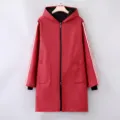 Red waterproof hooded long sleeve apron workwear with zipper and side stripes. - Red (Three Stripes)