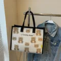 Sac cabas en toile à imprimé d'ours mignon, grand sac à main décontracté élégant gris. - Noir