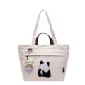 Borsa shopper in tela beige con ricamo panda carino e ciondolo a stella sorridente. - Solo Borsa Singola / Bianco avorio