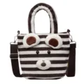 Cute striped canvas shoulder bag with plush bear ears, casual crossbody tote for women. - Coffee