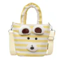 Yellow striped canvas shoulder bag with cute bear face, casual crossbody tote for women. - Yellow