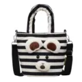 Cute black and white striped canvas tote bag with plush bear ears for casual daily wear. - Black