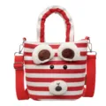 Red white striped canvas tote bag cute plush bear shoulder crossbody handbag for women - Red