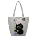 Sac cabas en toile grise avec imprimé chat noir mignon, sac à épaule décontracté pour voyage. - Gris
