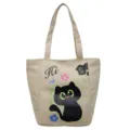Joli sac cabas en toile chat noir pour femmes, sac à main décontracté d'épaule fourre-tout. - Kaki