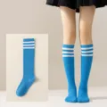 Blue knee high socks with white stripes detail view, perfect for daily wear or JK outfits. - One Size / Lake Blue with White Stripes Calf Socks
