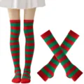 Calcetines altos a rayas de Navidad para mujer, perfectos para fiestas y disfraces. - Talla única / Rojo y Verde Calcetines Encima de la Rodilla y Mangas Conjunto