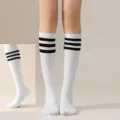 Women knee high socks white three stripes cotton athletic school JK socks for daily wear - One Size / White with Black Stripes Calf Socks