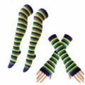 Set di calze lunghe a righe colorate e guanti senza dita con design del tallone. - Calze Lunghe E Maniche Sottili Rigate Giallo Verde Viola