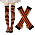 Halloween negro naranja a rayas calcetines altos y guantes conjunto fiesta disfraz - Talla única / Negro y Naranja Calcetines Rayados Finos y Mangas Conjunto