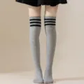 Classic grey thigh high socks with three black stripes, stylish Japanese JK style college socks. - One Size / Light Grey with Black Stripes