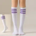 Women white knee high socks purple three stripes striped tube socks JK cosplay party hosiery - One Size / White with Purple Stripes Calf Socks