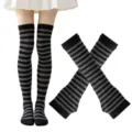 Conjunto de medias altas y calentadores de brazos a rayas negro y gris mujer fiesta. - Talla única / Negro y Gris Oscuro Calcetines Rayados Finos y Mangas Conjunto