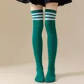 Green over-the-knee socks with three white stripes, perfect for Japanese JK cosplay style. - One Size / Green with White Stripes