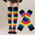 Ensemble chaussettes hautes et gants rayés arc-en-ciel pour costume de fête femme. - Taille unique / Ensemble Chaussettes Et Manches Arc-En-Ciel Bord Noir