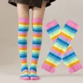 Ensemble de chaussettes hautes et mitaines à rayures arc-en-ciel, idéal pour les fêtes et soirées. - Taille unique / Ensemble Chaussettes Et Manches Arc-En-Ciel Bord Rose