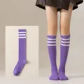 Women purple over knee socks three white stripes Japanese JK style college long tube stockings - One Size / Light Purple with White Stripes Calf Socks